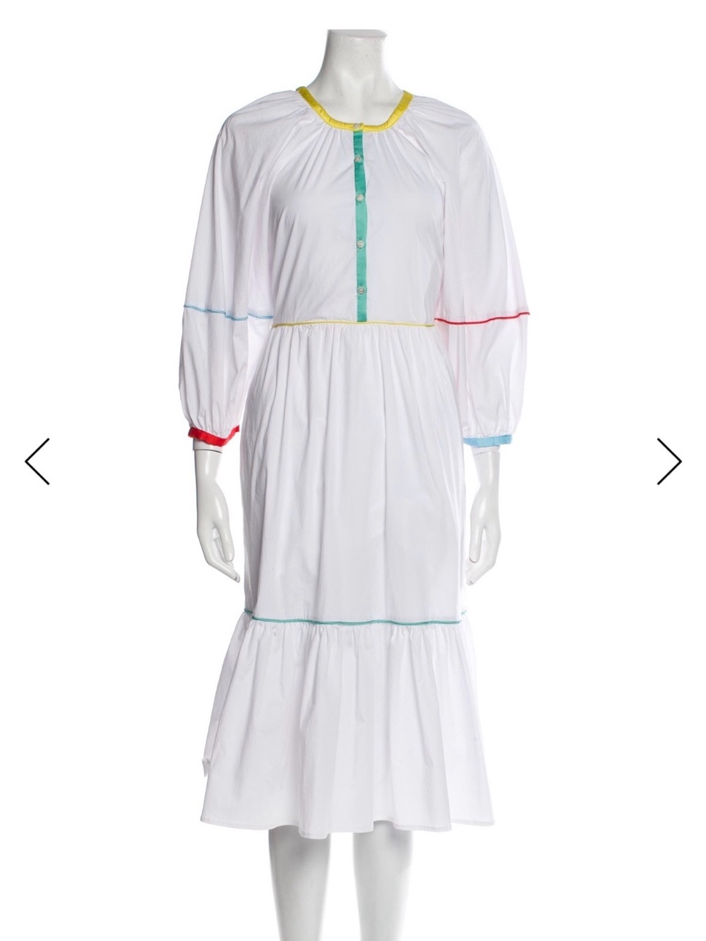 STAUD White Midi Dress with Yellow, Turquoise, Red & Blue Trim